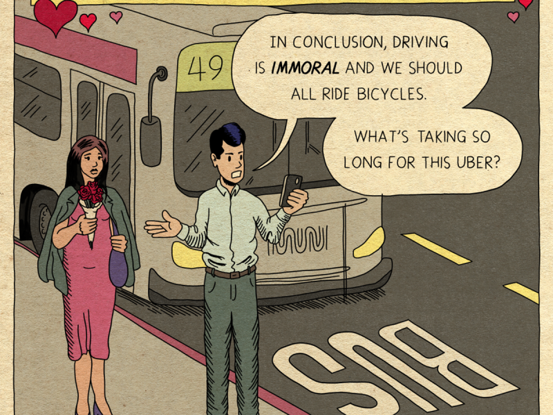 A cartoon of people standing in front of a bus