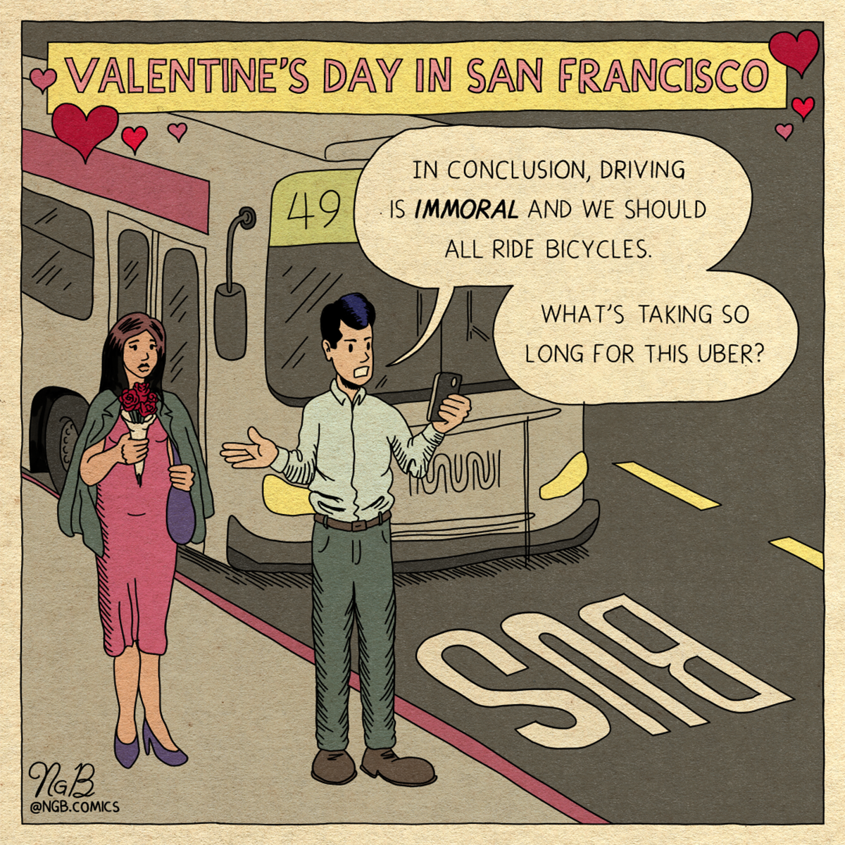 A cartoon of people standing in front of a bus