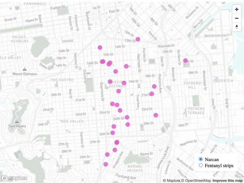 A grid map of where to get fentanyl test strips and Narcan at bars in the Mission District.