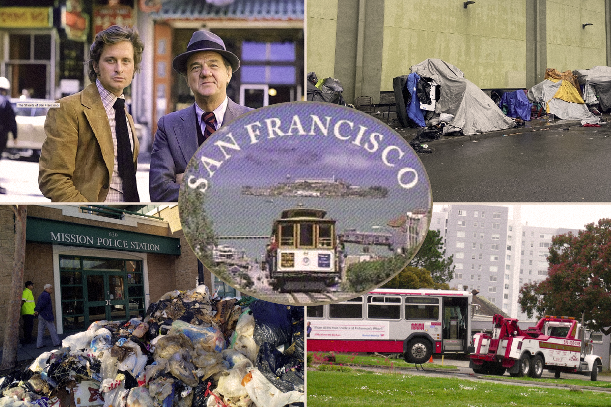 A postcard of San Francisco featuring trash, tents, and a broken down bus.