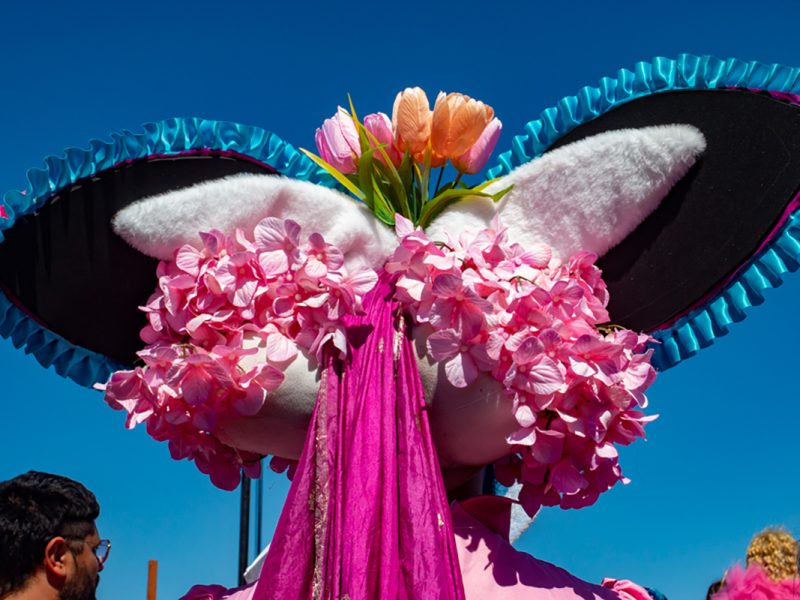 The back of a headdress filled with pink flowers and ribbons.