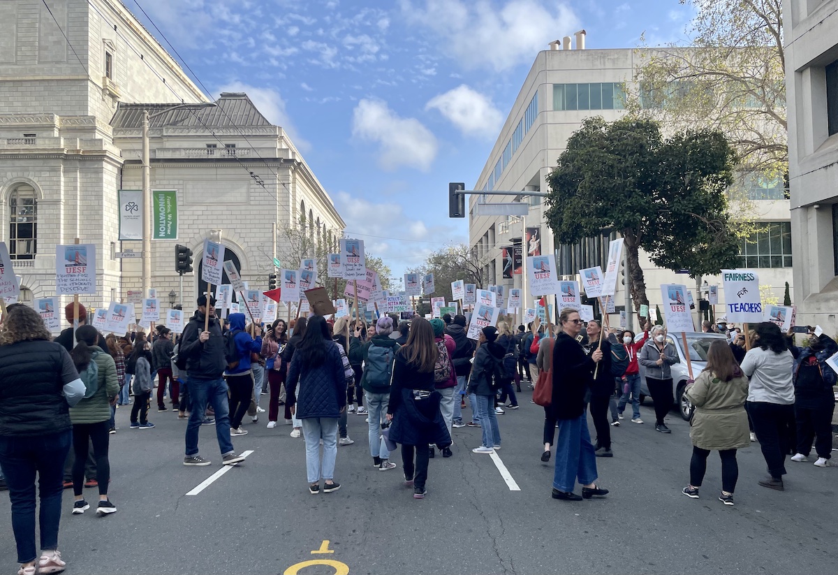 Teachers block the street