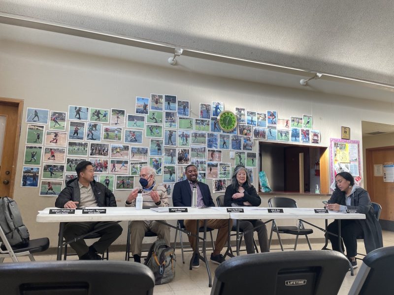 Board members Nguyen, Wechter, Brookter, Soo, and Afuhaamango at the Crocker Amazon Clubhouse. Taken Apr. 11, 2023. Photo by Christina MacIntosh.