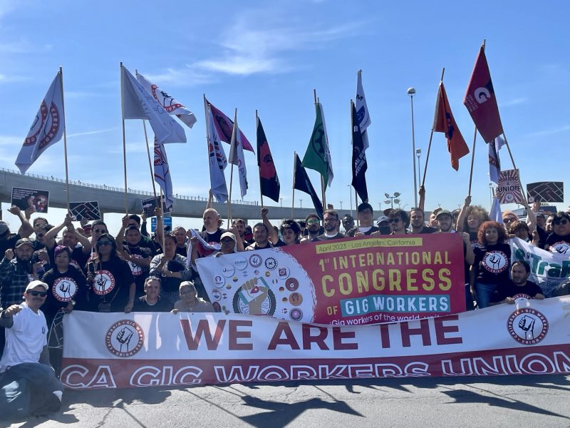 A large group of people holding flags