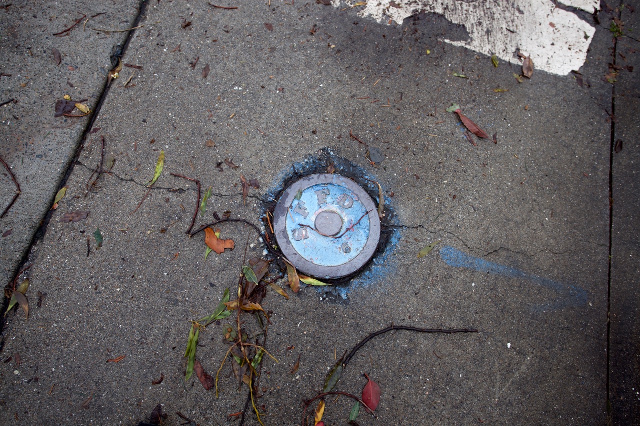 A sidewalk gas pipe cap painted blue.