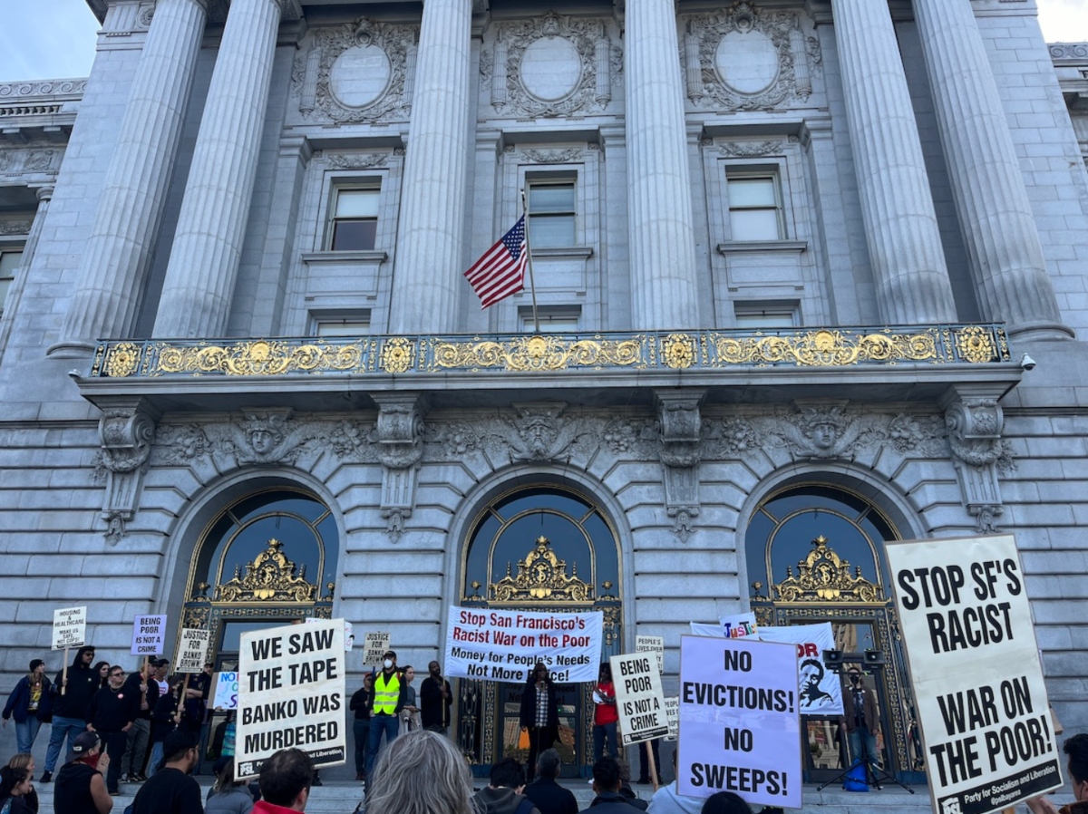 people protest signs city hall