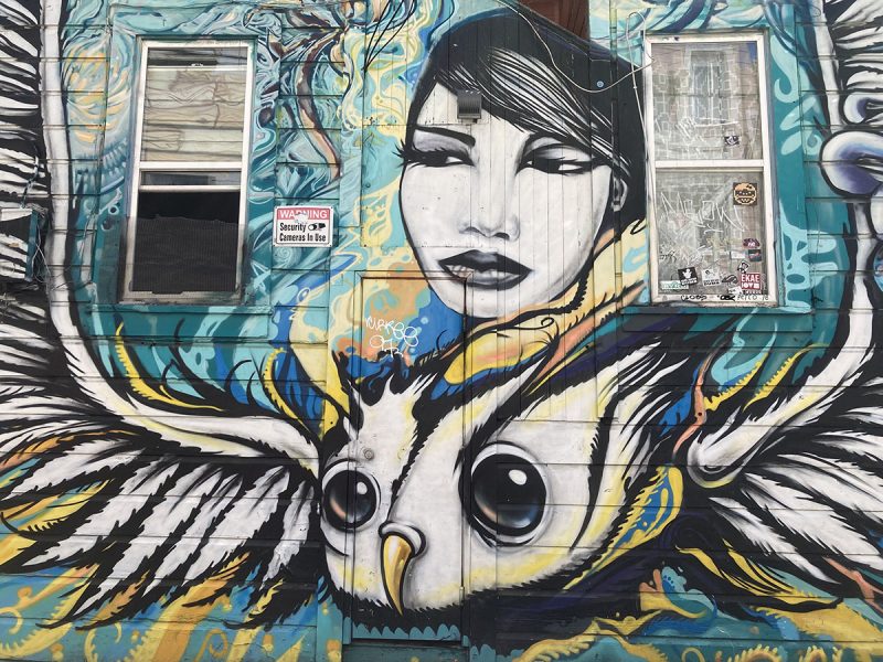 A mural showing a woman's face attached to a bird-like creature with wings.
