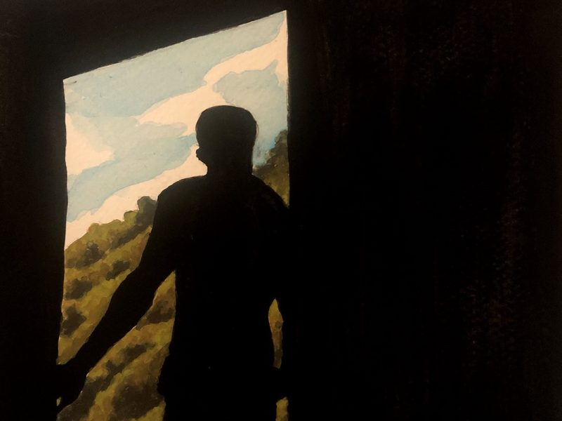 A man's silhouette in front an an open window. For an article about police settlements.