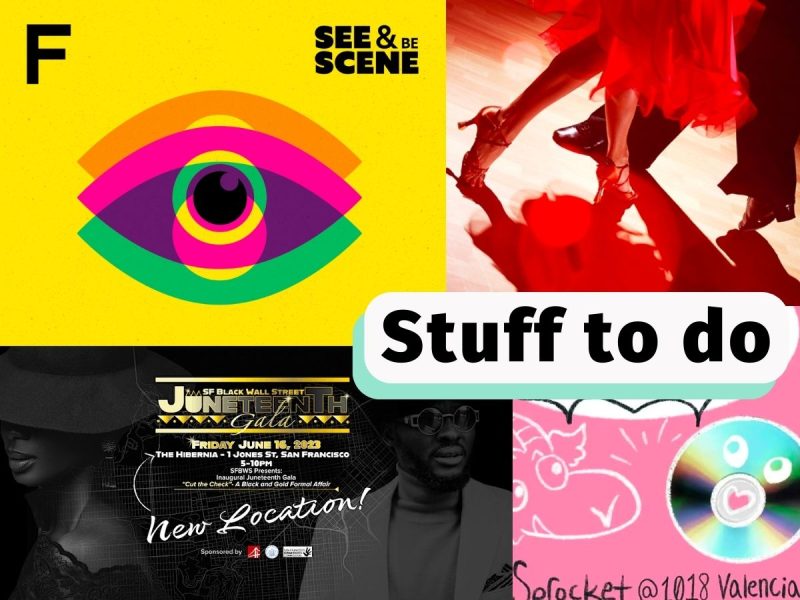 A collage with an eye a person dancing and a notebook and a record