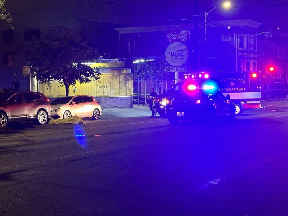 yellow tarp to the left of police cars with sirens on