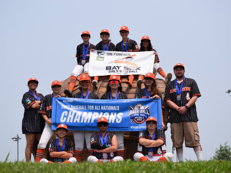 The Bay Sox u12 and u14 teams pose with their championship banners.