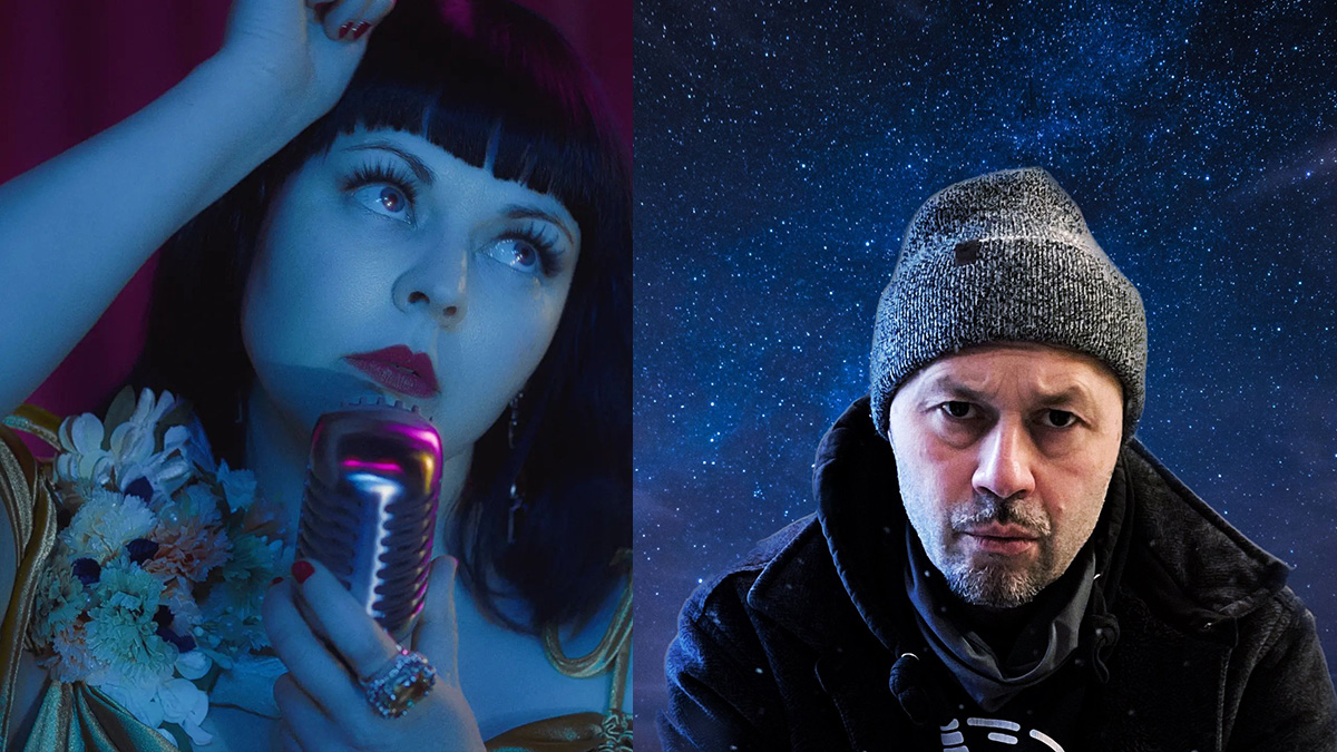 a woman on one side with a microphone and a man in a bennie on the right side.