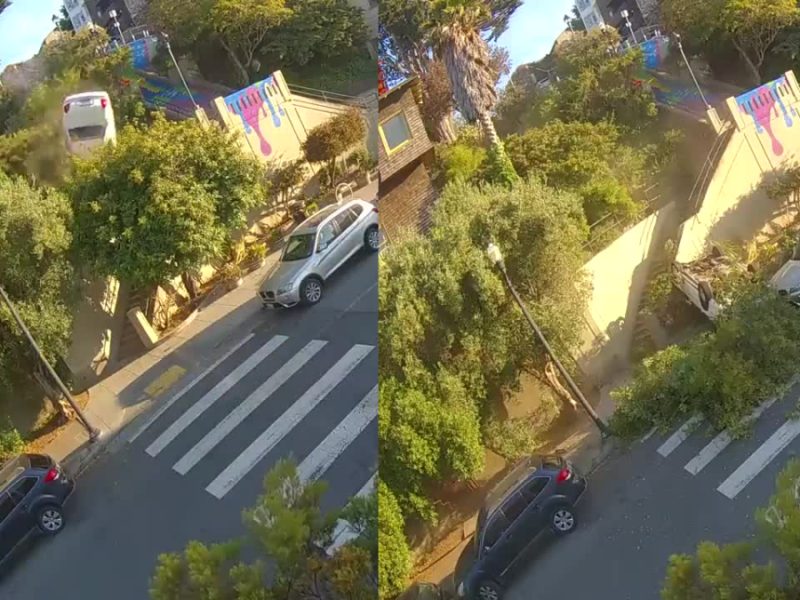 image collage showing a car driving off the top of a park and then landing on a sidewalk