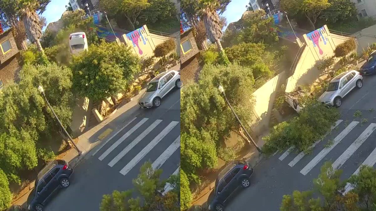 image collage showing a car driving off the top of a park and then landing on a sidewalk