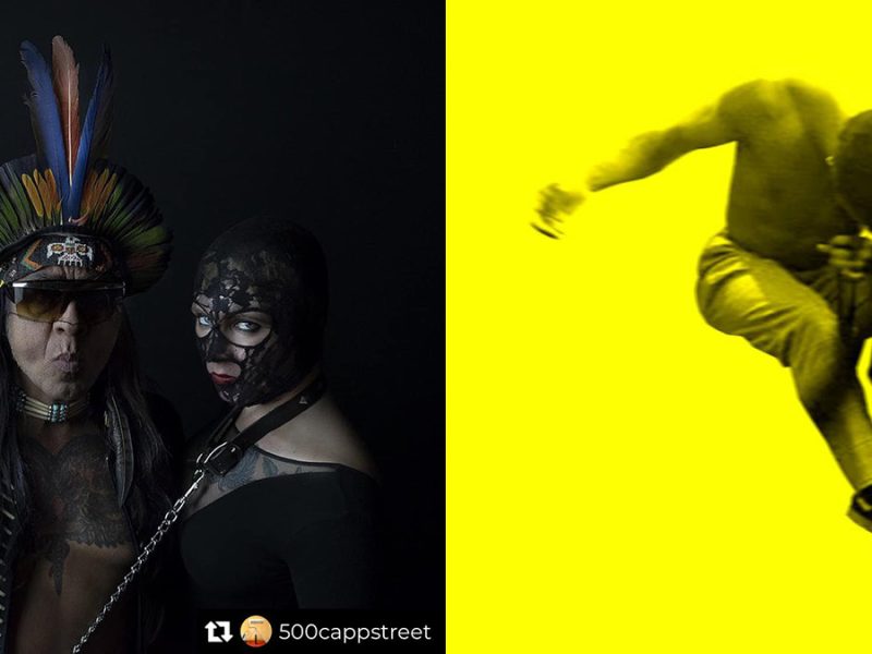 Left, dark figures and right a dancer in front of yellow background.