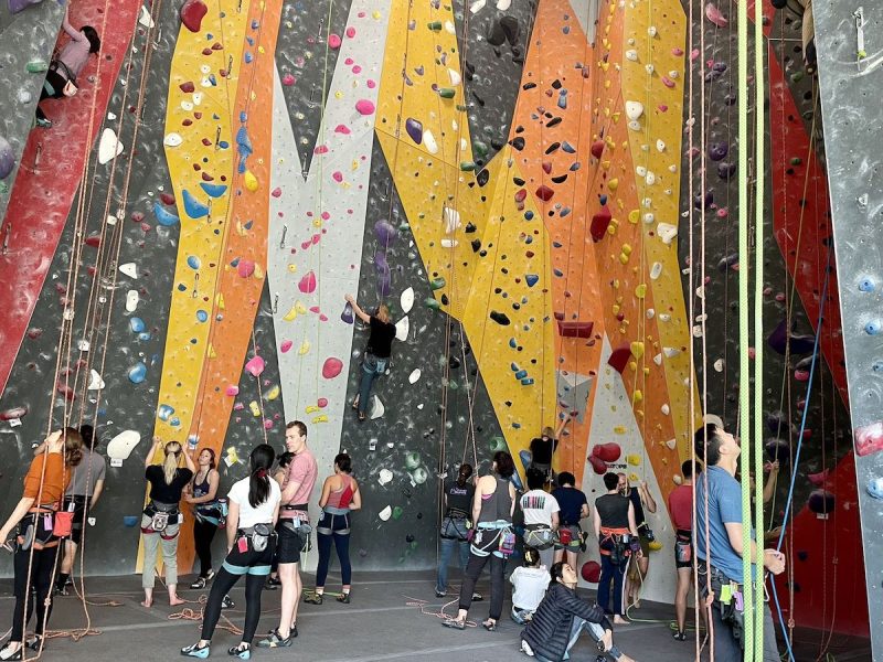 A group of people climbing in a gym