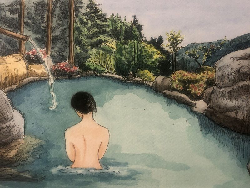 Illustration for 500 Club Distillations review, a person in a pond