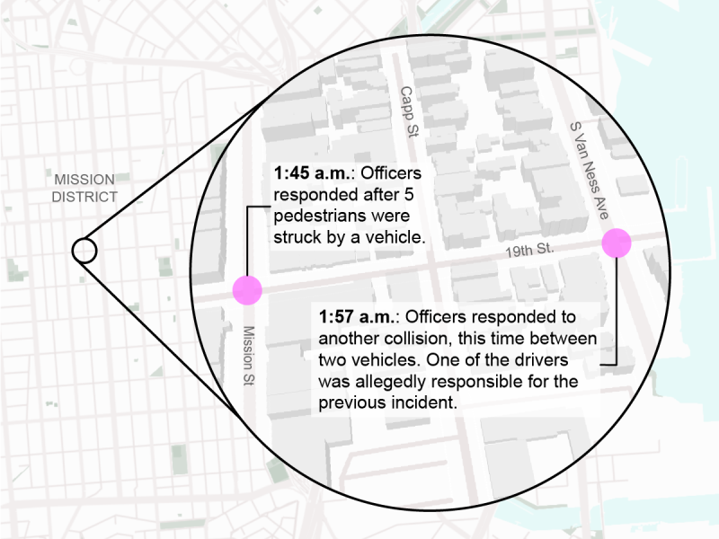 A map with writing on it and two pink dots showing where crashes occurred.