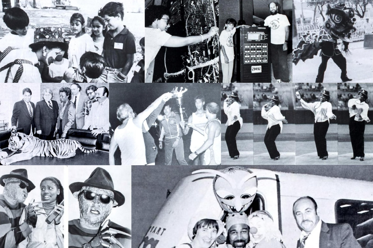 A collage of images from BART newsletters, including clowns and a tiger.