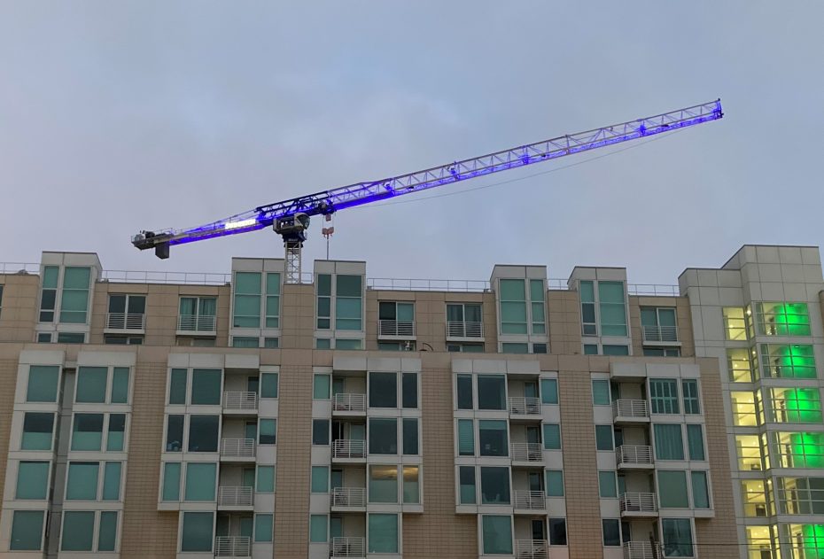 A blue construction crane at Brannan Street.