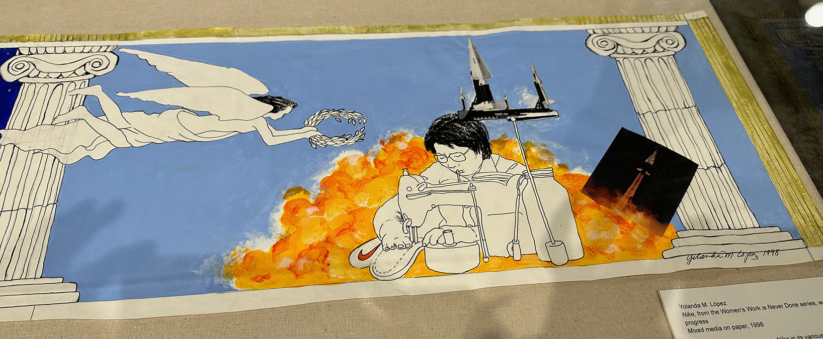 Blue background, oragne and a woman sitting at a sewing machine, with a column behind her.