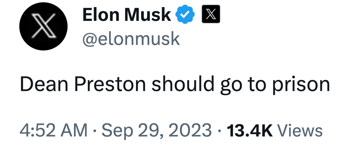 Elon Musk's post on Friday, September 29, calling for the jailing of Supervisor Dean Preston. "Dean Preston should go to prison," he wrote.