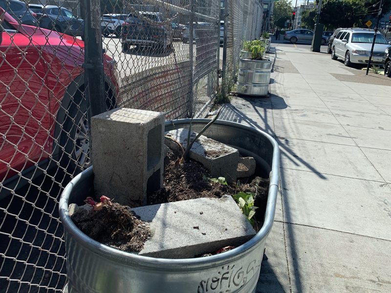 A line of aluminum tanks filled with flowers in the background, but in the foreground one has a cinderblocks.