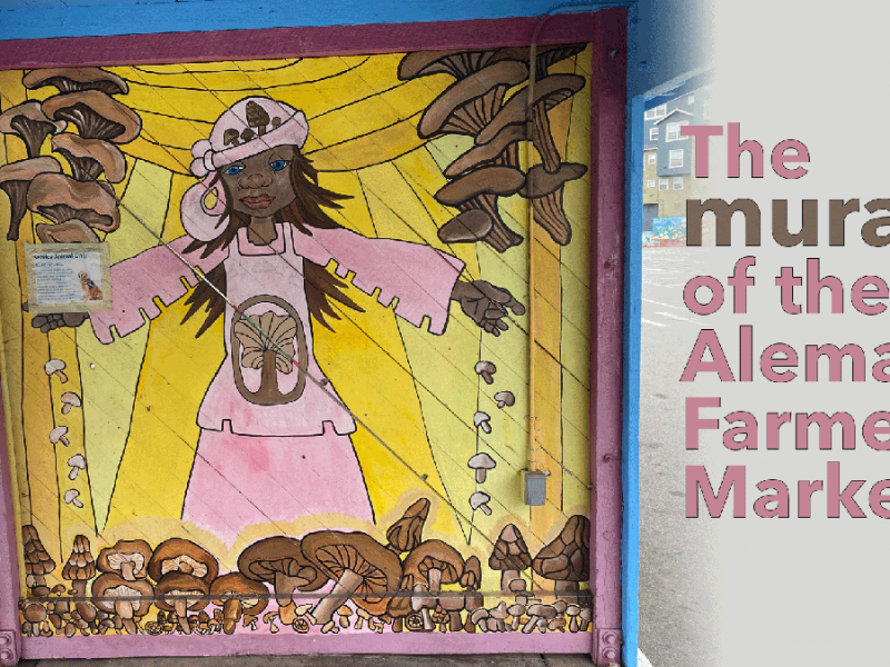 A mural with a black girl dressed in pink against a yellow background.