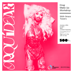 A poster with a woman in a pink dress.