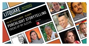 A poster for litquake's porchlight storytelling.