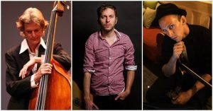 A collage of four men playing different instruments.