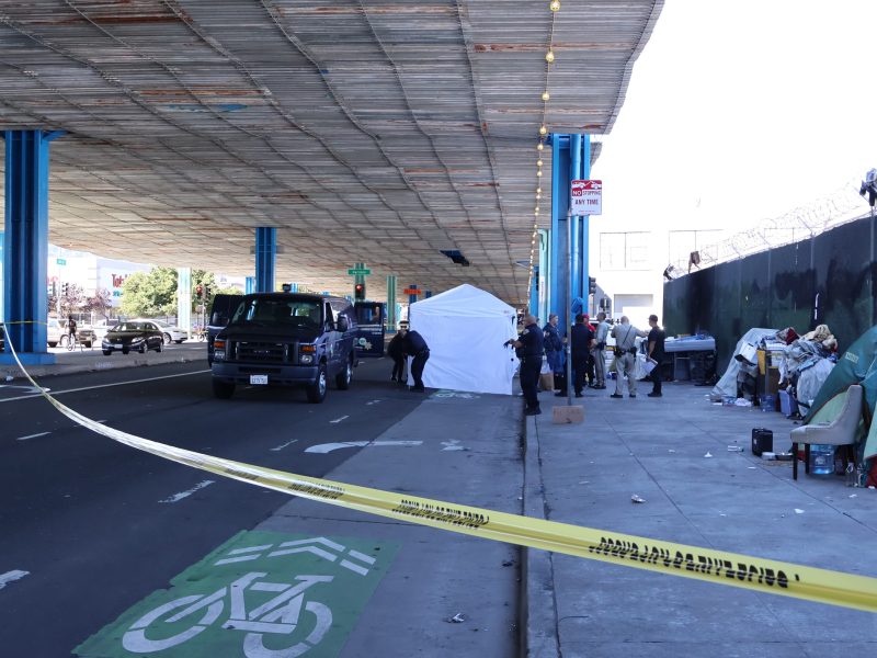 Yellow tape in front of the scene where a body was recovered near 13th and Harrison streets under the A body was found on Thursday morning near 13th and Harrison streets, under the Central Freeway on Thursday, October 5, 2023.