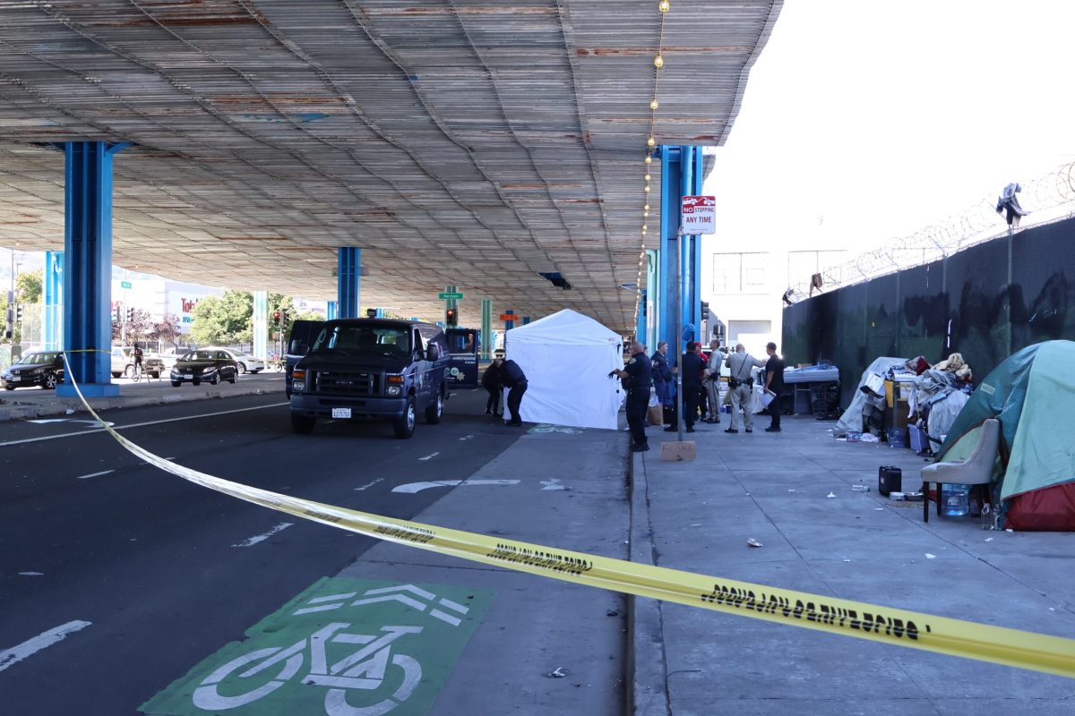 Yellow tape in front of the scene where a body was recovered near 13th and Harrison streets under the A body was found on Thursday morning near 13th and Harrison streets, under the Central Freeway on Thursday, October 5, 2023.