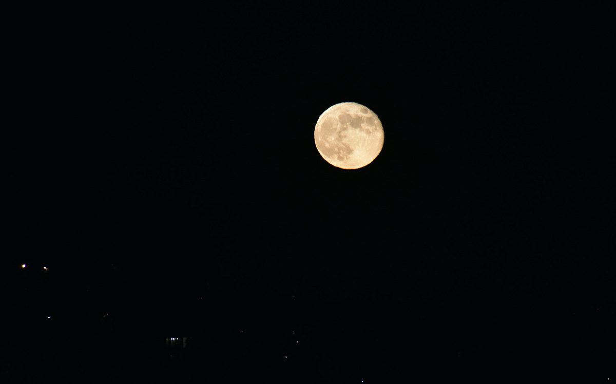A full moon is seen in the night sky.
