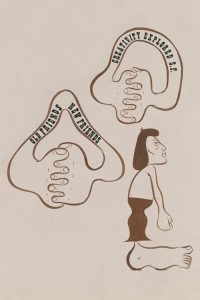 A drawing of a man and a woman with their hands in the air.