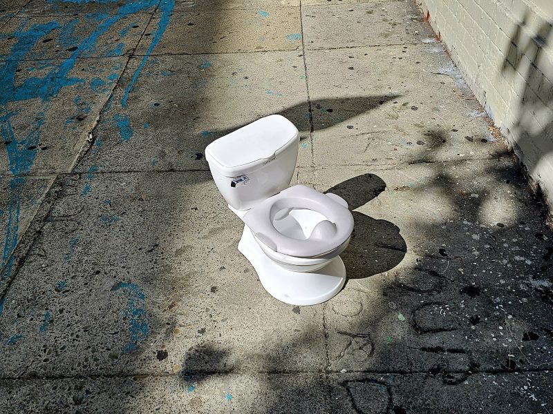 A small white toilet on the side of the street