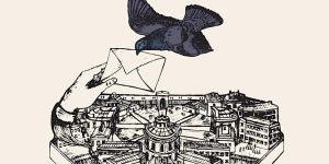 A drawing of a bird flying over a city.