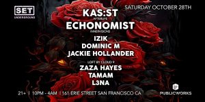 A poster for kast ecnomist with roses and a black background.