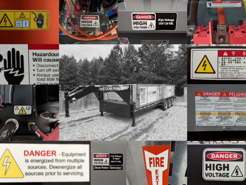 A collage of various safety signs and labels.