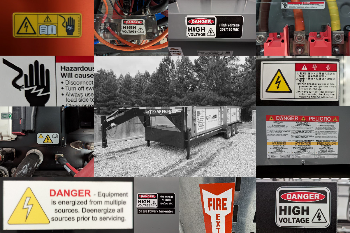 A collage of various safety signs and labels.