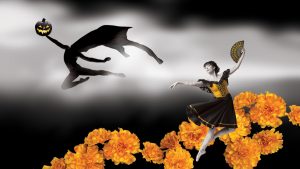 A dancer is flying over a field of flowers.