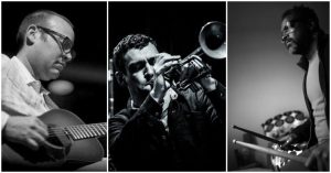 Four black and white pictures of musicians playing instruments.