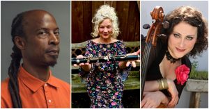 A collage of people with musical instruments and a woman holding a flute.