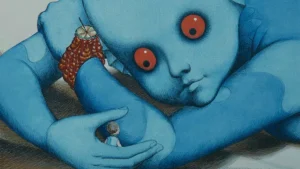 A drawing of a blue creature with red eyes.