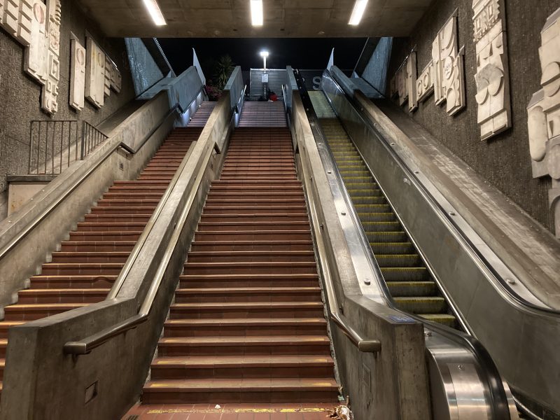 An escalator in a subway station.