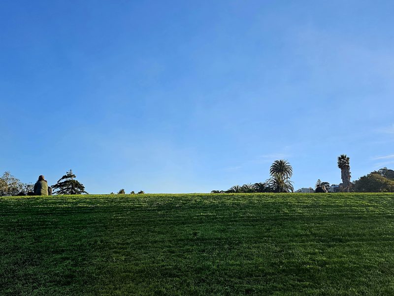 A green field under the blue sky with a few people sitting at a distance on the grass.