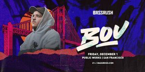 A poster with a man in a hoodie in front of a bridge.