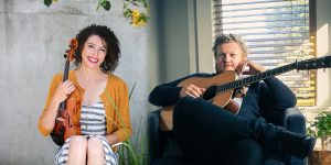 Two pictures of a man and a woman playing a violin.