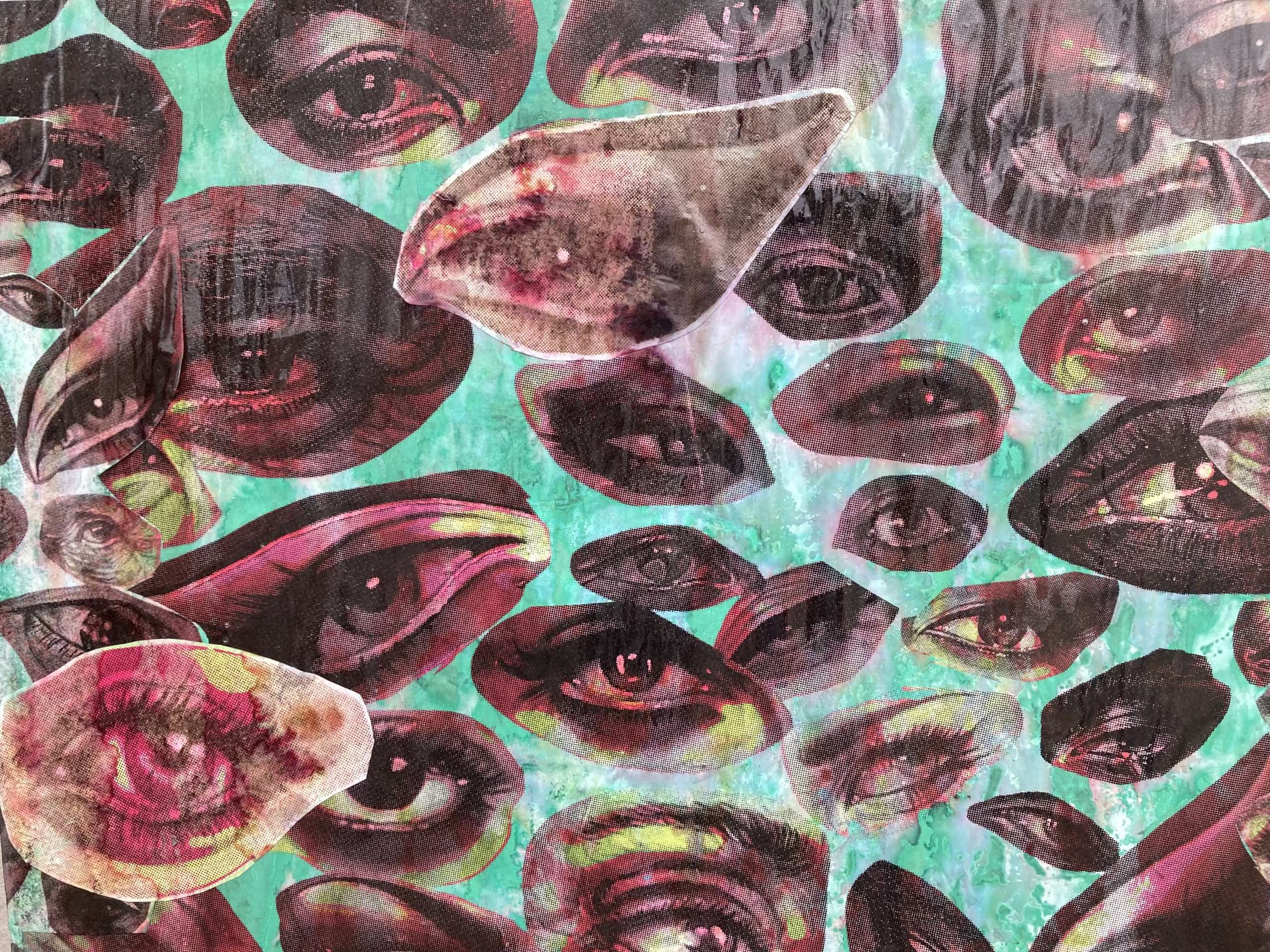 A painting of many eyes on a light blue background.