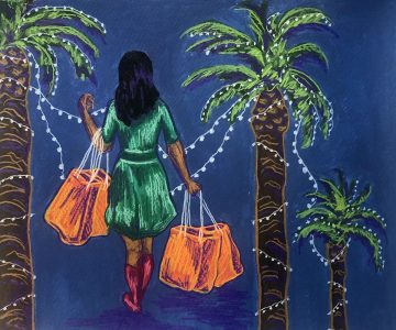A painting of a woman carrying holiday market shopping bags in front of palm trees.
